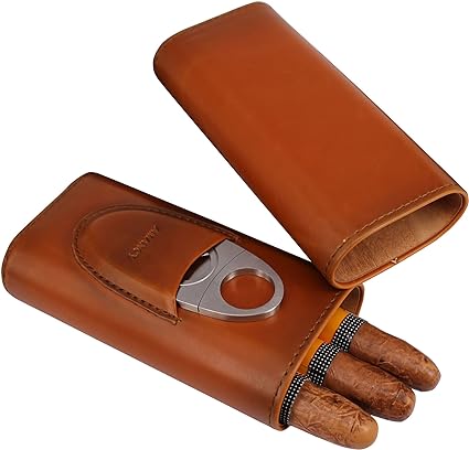 AMANCY Premium 3- Finger Brown Leather Cigar Humidor Case