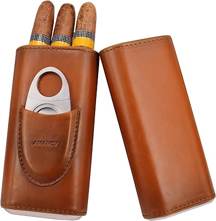 AMANCY Premium 3- Finger Brown Leather Cigar Case